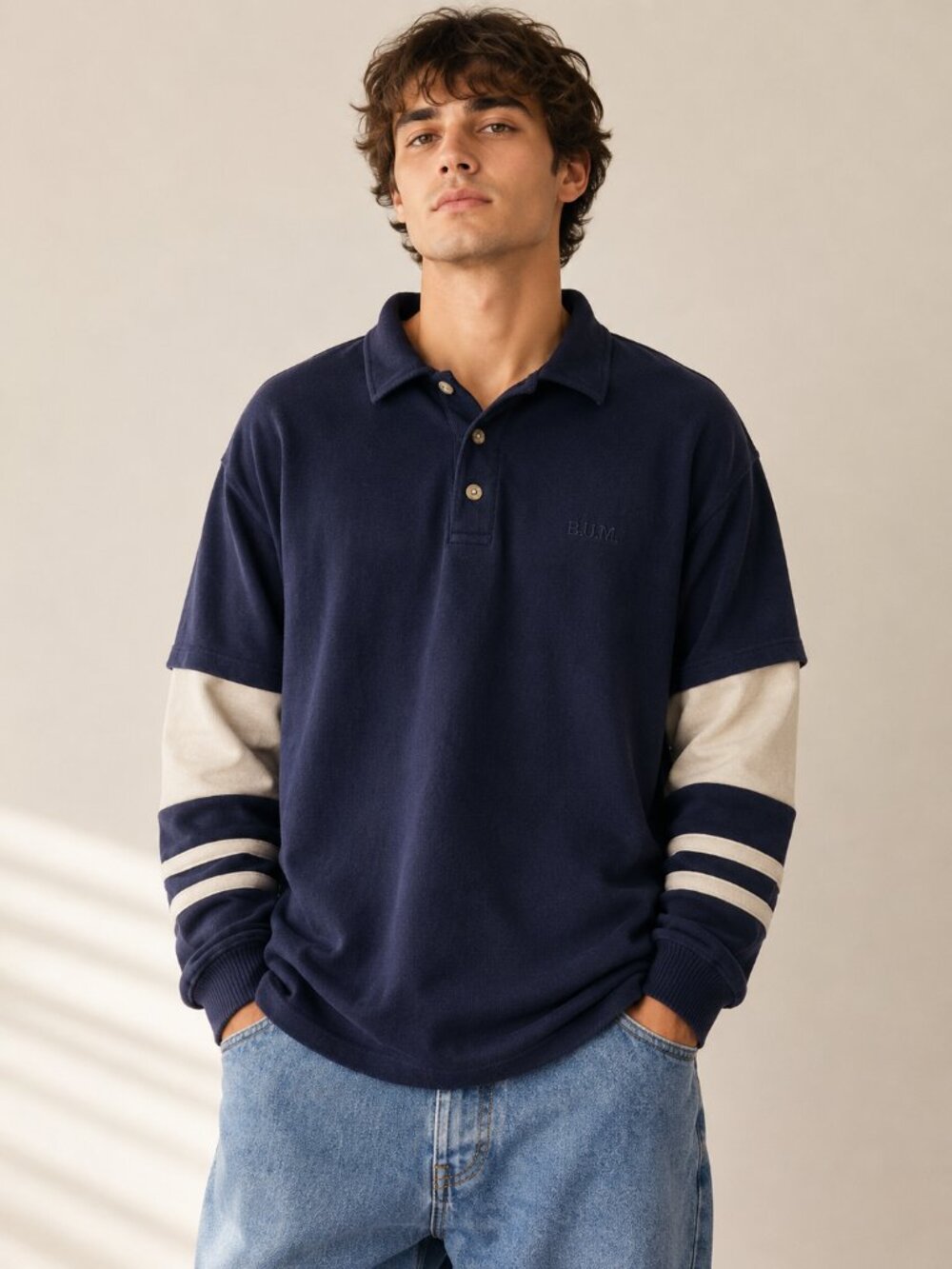 B.U.M. Equipment Polo Shirt M Navy Layered Sleeve Y2K 90s Streetwear Preppy